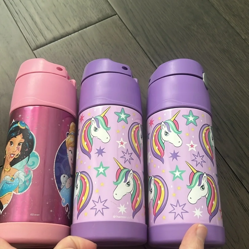 Thermos straw water cups unicorn and Disney princess set with kids portion plate